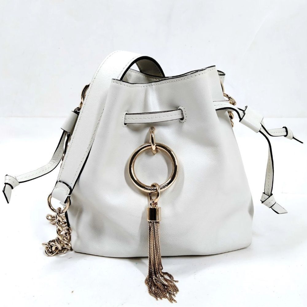 Authentic Jimmy Choo White Leather Mini Callie 2way Bucket Bag Crossbody